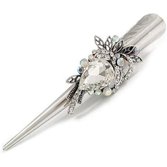 Vintage Inspired Silver Tone Crystal Floral Hair Clip Long Thick Hair main image 7